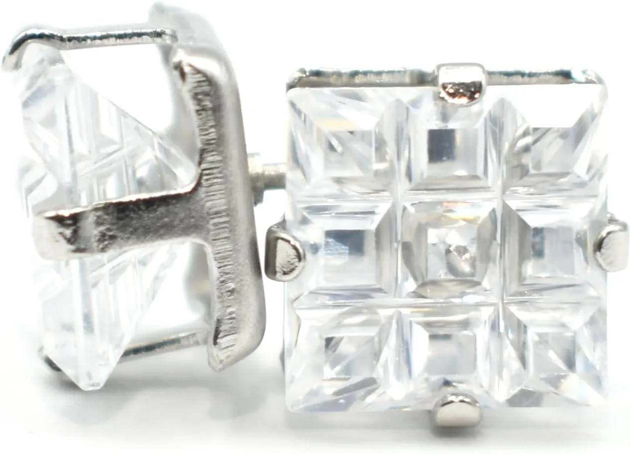10mm Iced Out Textured Square Shape Prong-Set Stud Earrings for Men, 0.4 Inch, Hypoallergenic 316L Stainless Steel Earrings