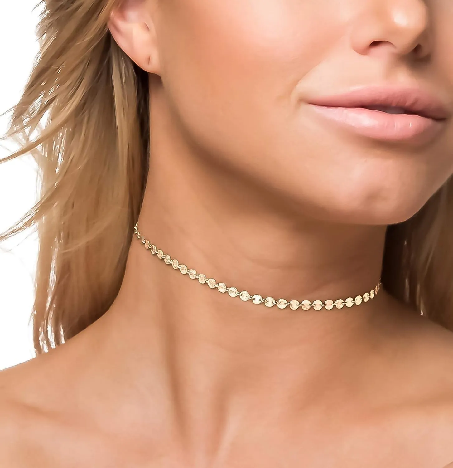 14K Gold Fill or 925 Sterling Silver Coin Tattoo Choker Necklace, Dainty Tiny Circle Disc Boho Layering Jewelry