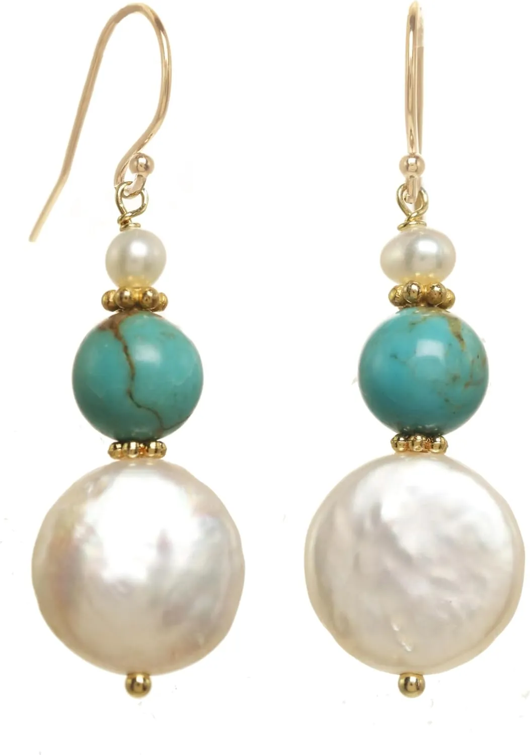 14k Gold-filled Fishhook Earrings with White Cultured Freshwater (11-12mm) Coin Pearl Drops and Turquoise Accents for Women, Men, Trending Pearl Jewelry