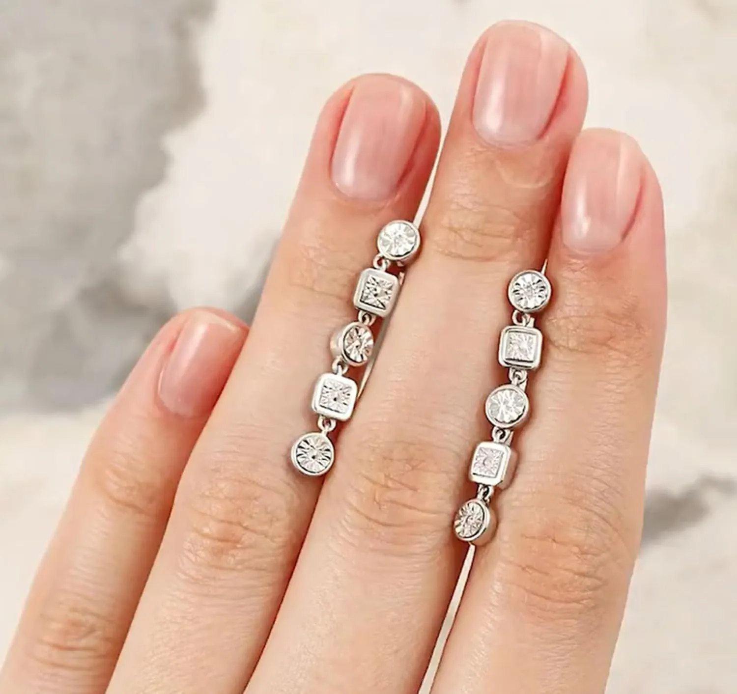 14k Gold Square and Round Frame Stud Earring for Women, Princess Shape Dangle Stud, Mixed Shape Bezel Set Tennis Earring, Dainty Fine Jewelry Gift for Her.