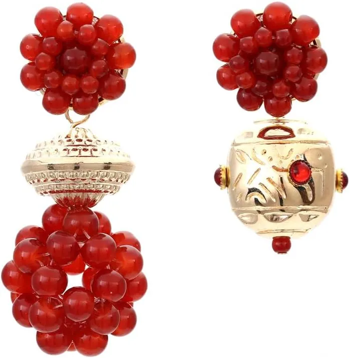 18K Gold Plated Statement Red Beaded Drop Earrings with Gold Filigree Accents  Bold Cluster Dangle Earrings for Women, Vintage Boho Inspired