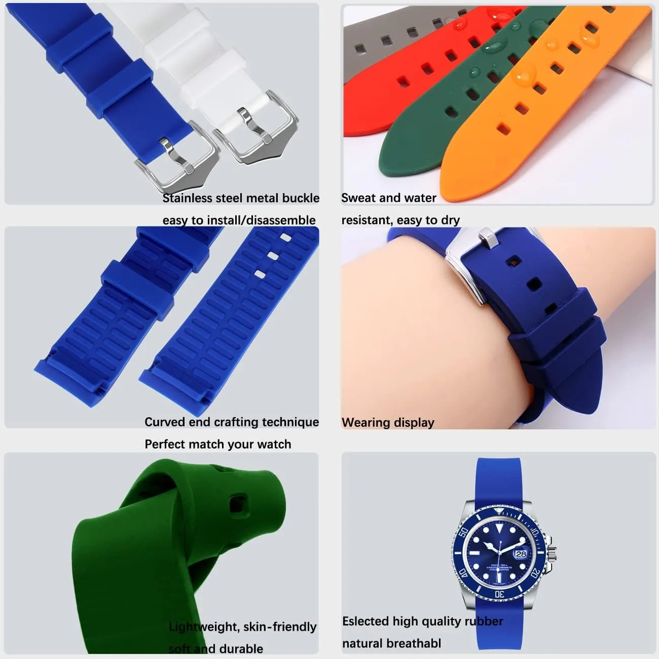 18mm 20mm 22mm 24mm Silicone Watch Bands Universal Curved End Strap Black White Green Blue Brown Orange Red Grey Solid Watch Bracelet for Men Women