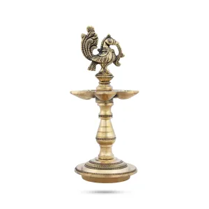 5 Face Deepam - 8 x 3.5 Inches | Antique Brass Kuthu Vilakku/ Annam Design Lamp for Pooja/ 920 Gms Approx