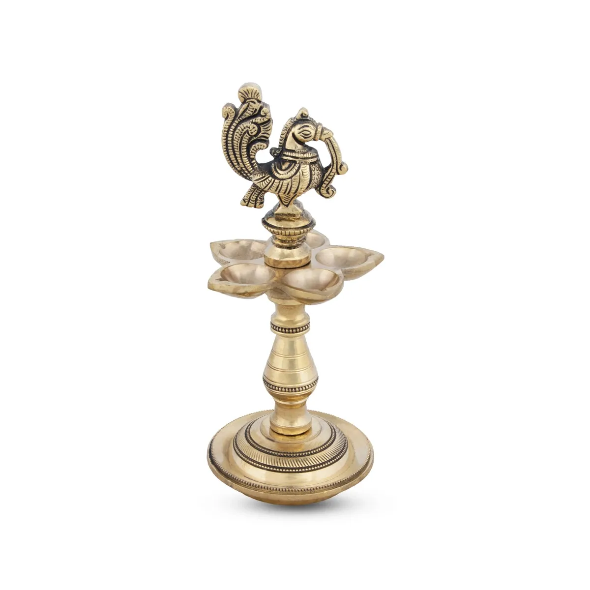 5 Face Deepam - 8 x 3.5 Inches | Antique Brass Kuthu Vilakku/ Annam Design Lamp for Pooja/ 920 Gms Approx