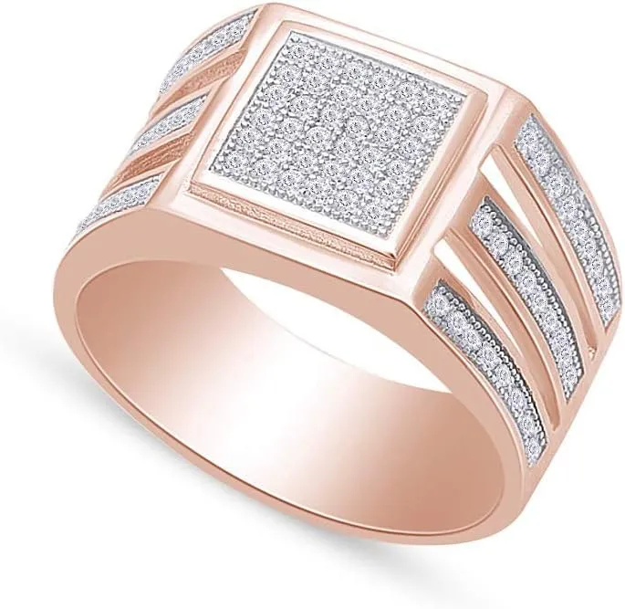 AFFY 1 Carat (Cttw) Round Cut Sparkling White Cubic Zirconia Square Frame Men's Anniversary Wedding Band Ring In 14k Gold Over Sterling Silver