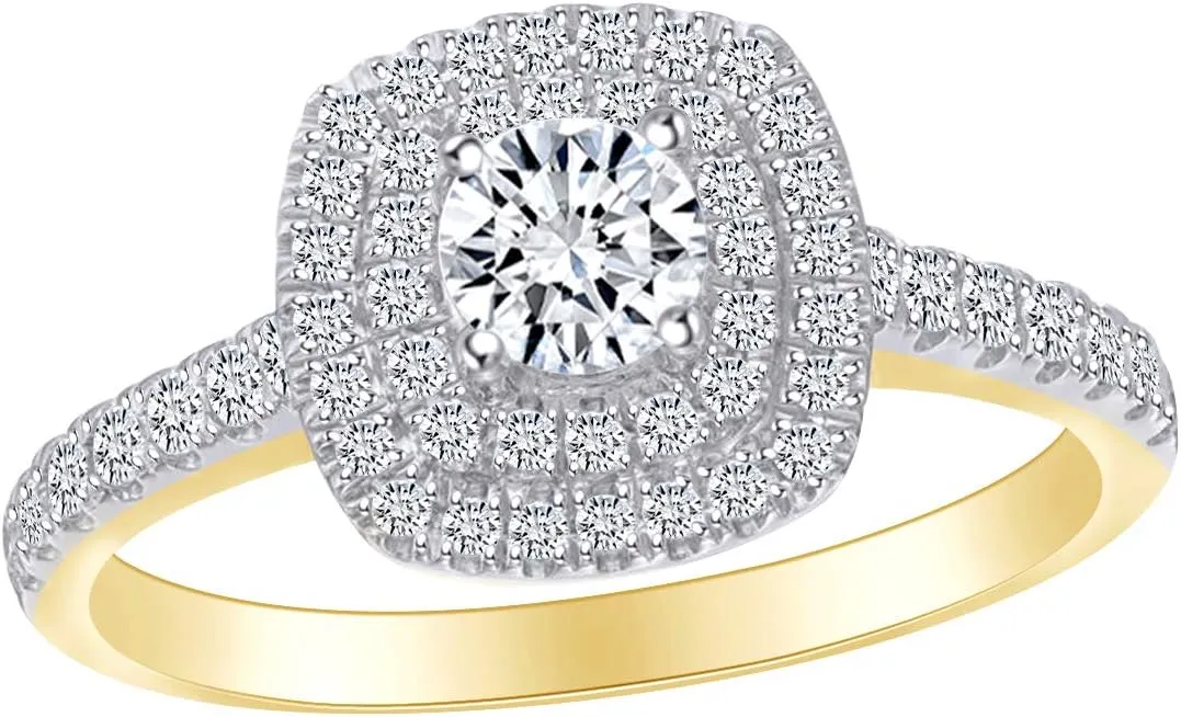 AFFY 3/4 Carat Round Shape White Natural Diamond Square Frame Engagement Ring In 14k Solid Gold (0.75 Cttw)