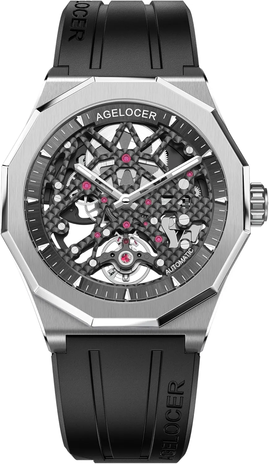 AGELOCER Automatic Mechanical Movement Watches, Skeleton Men Business Watch Rubber Strap Luminous Men Stainless Steel Wristwatch