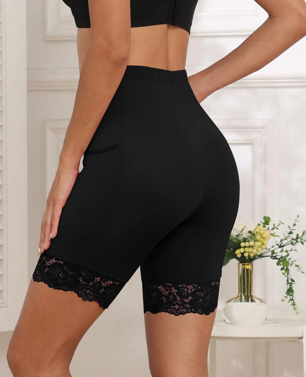 Anti Chafing Boyshort Women Satin Underwear Lace Slip Shorts for Under Dresses with Pockets 2 Packs