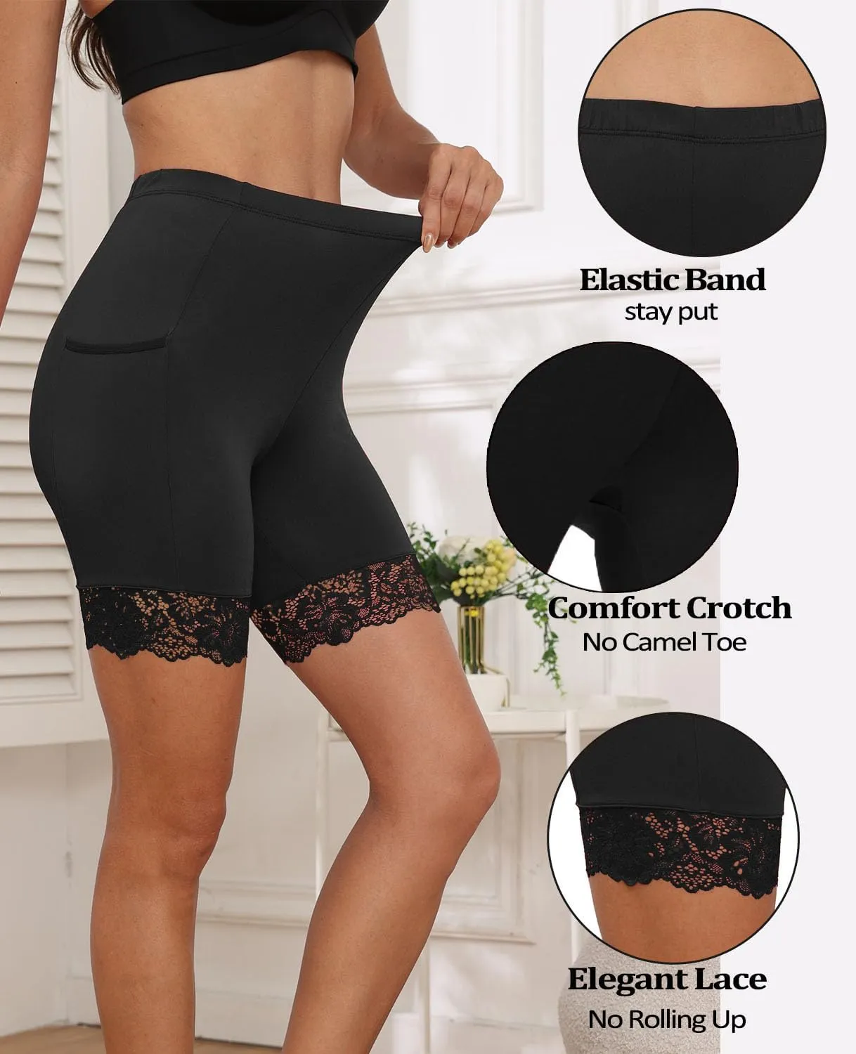 Anti Chafing Boyshort Women Satin Underwear Lace Slip Shorts for Under Dresses with Pockets 2 Packs