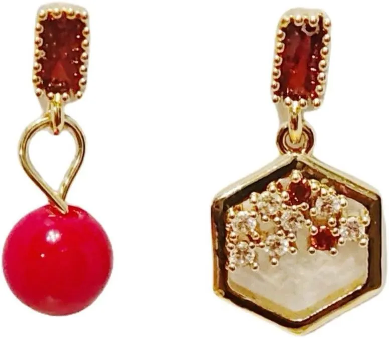 Asymmetrical Drop Earrings, Gold-Plated, Red Ball and Hexagon Design