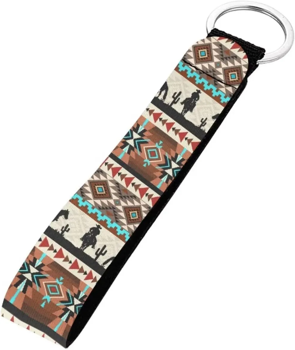 Aztec Horse Cactus Print Car Keychain Long Hand Wristlet Keychain, Neoprene Lanyards Keychain Wrist Wristlet Strap Key Chain Holder, Long Wristlet Keychain Strap with Key Ring