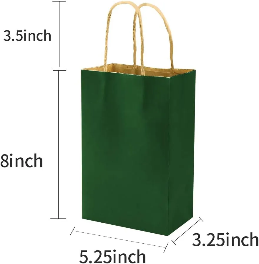 bagmad 100 Pack 5.25x3.25x8 inch Small Green Kraft Paper Bags with Handles Bulk, Gift Bags, Craft Grocery Shopping Retail Party Favors Wedding Business Sacks (Dark Green, 100pcs)