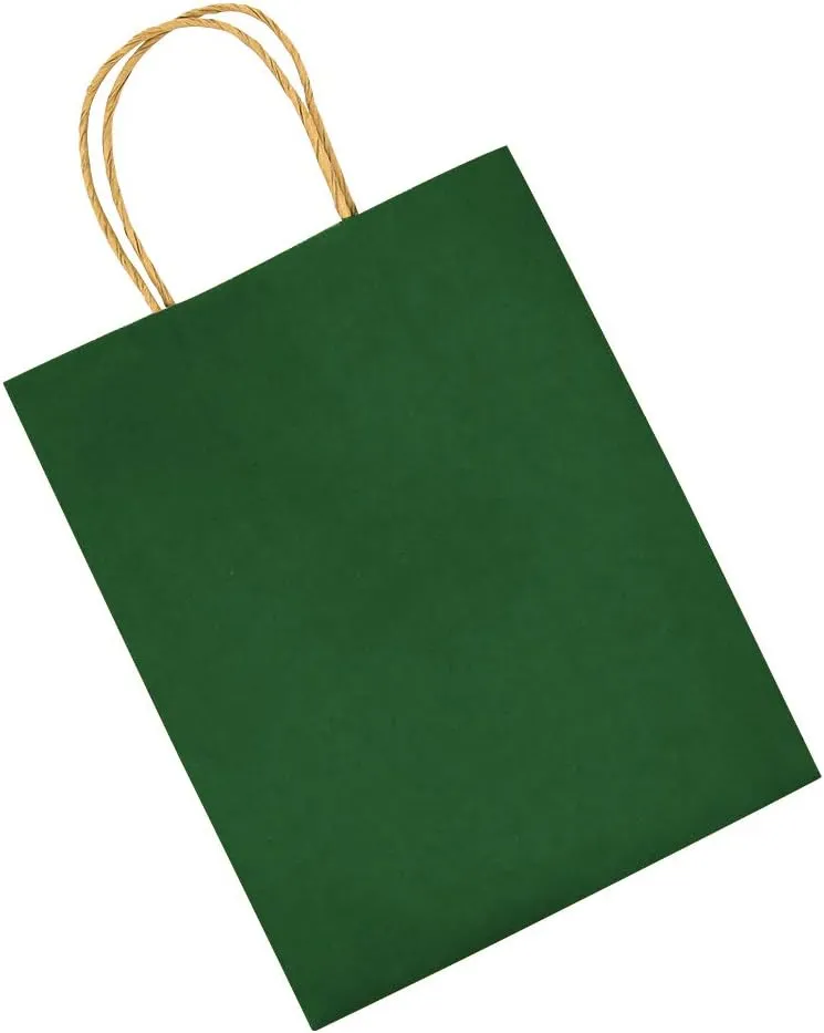 bagmad 100 Pack 5.25x3.25x8 inch Small Green Kraft Paper Bags with Handles Bulk, Gift Bags, Craft Grocery Shopping Retail Party Favors Wedding Business Sacks (Dark Green, 100pcs)