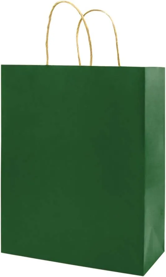 bagmad 100 Pack 5.25x3.25x8 inch Small Green Kraft Paper Bags with Handles Bulk, Gift Bags, Craft Grocery Shopping Retail Party Favors Wedding Business Sacks (Dark Green, 100pcs)