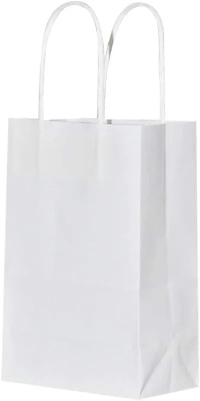 bagmad 50 Pack 5.25x3.25x8 Inch Sturdy Small White Gift Paper Bags with Handles Bulk, Kraft Bags, Craft Grocery Shopping Business Retail Party Favors Wedding Sacks (White, 50pcs)