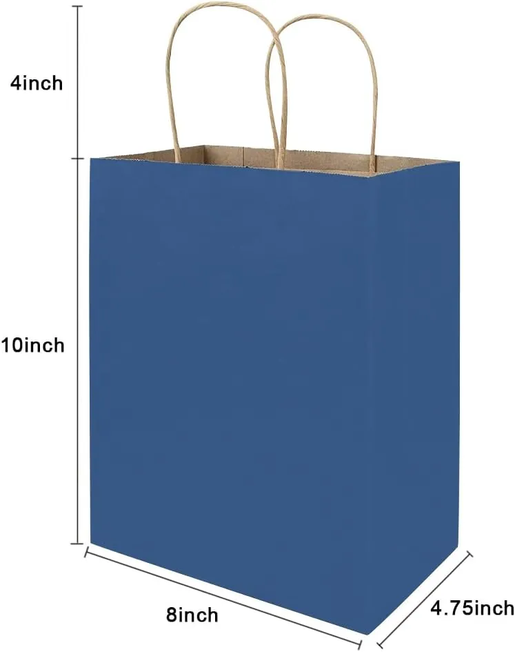 bagmad 50 Pack 8x4.75x10 Inch Medium Blue Kraft Paper Bags with Handles Bulk, Gift Bags, Craft Grocery Shopping Retail Party Favors Wedding Business Sacks (Blue, 50pcs)