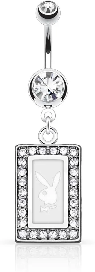 Belly Button Ring Playboy Bunny Square Frame Paved Gems Navel