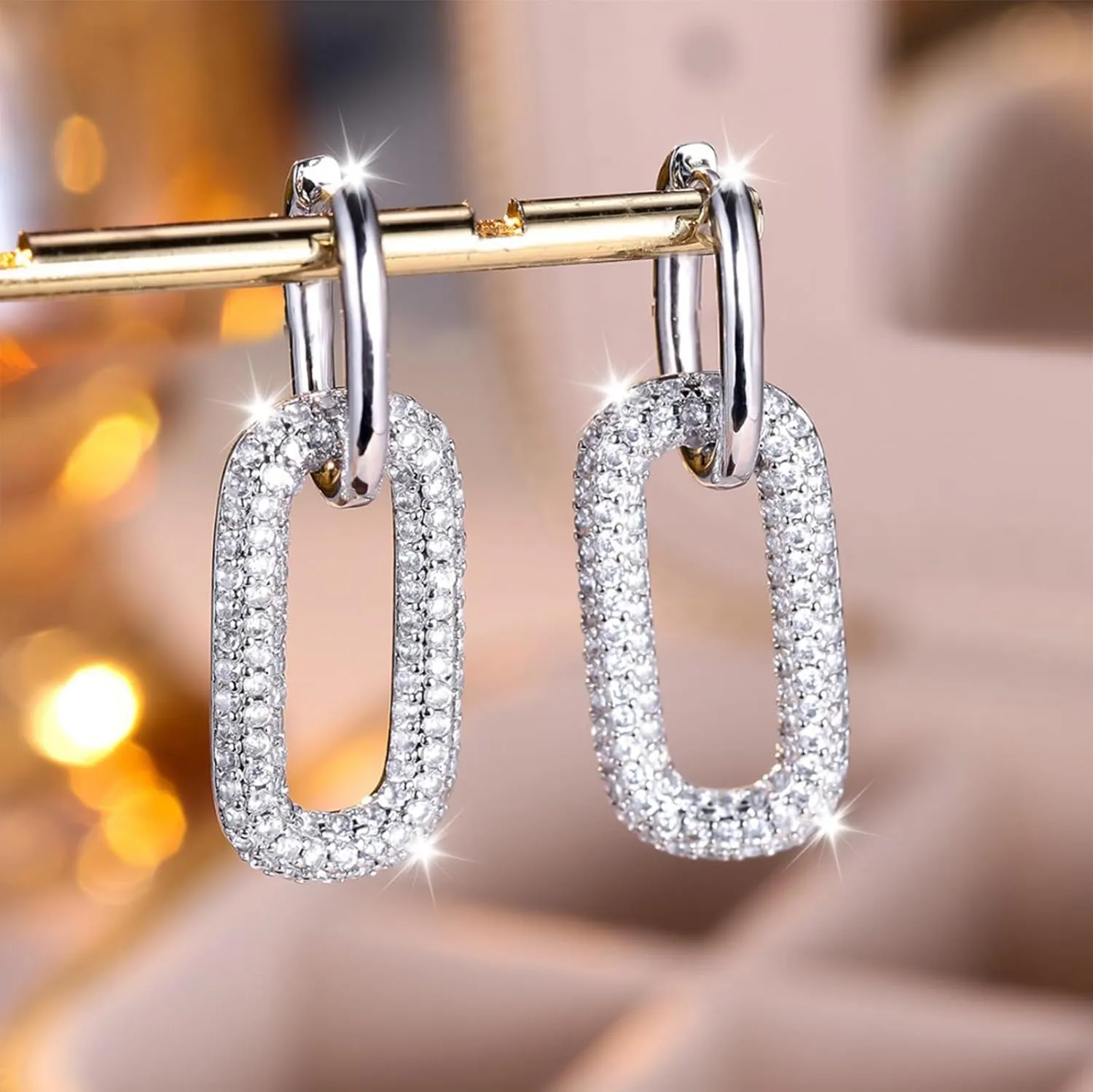 Bi&Yamigeo Chain Link Earrings Gold Silver Cubic Zirconia Paperclip Drop Dangle Huggie Hoop Earrings, Geometric Square Paper Clip Jewelry for Women