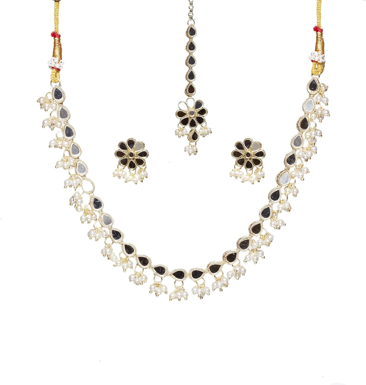 Bindhani Gold-Plated Mirror Stone Simple Line Indian Choker Necklace Set For Women