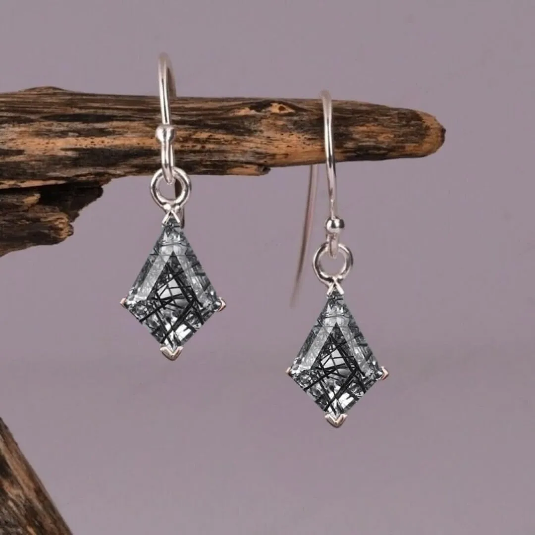 Black Rutile Kite Cut Dangle Earrings, Rose Gold Hooks, Natural Stone