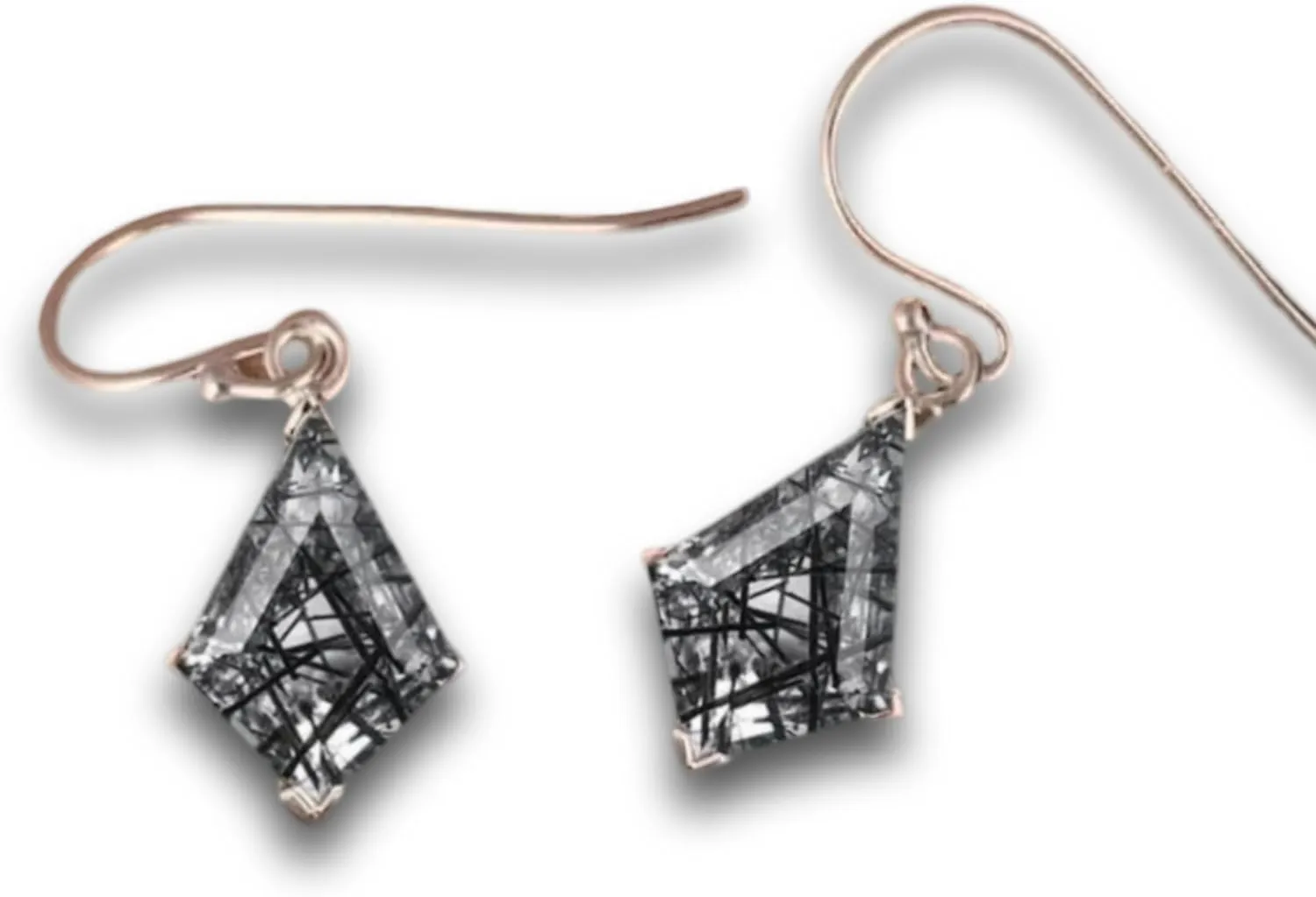 Black Rutile Kite Cut Dangle Earrings, Rose Gold Hooks, Natural Stone