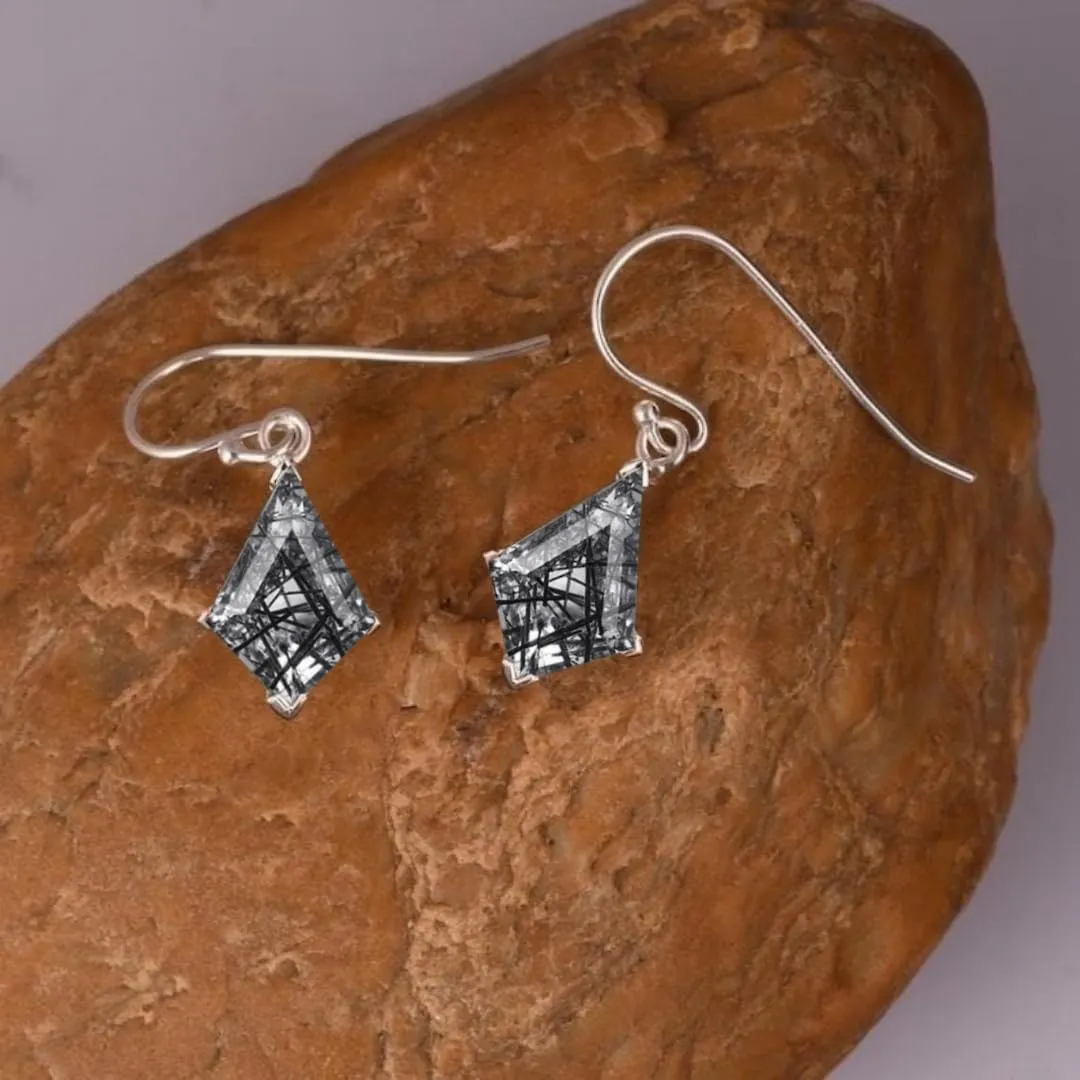 Black Rutile Kite Cut Dangle Earrings, Rose Gold Hooks, Natural Stone