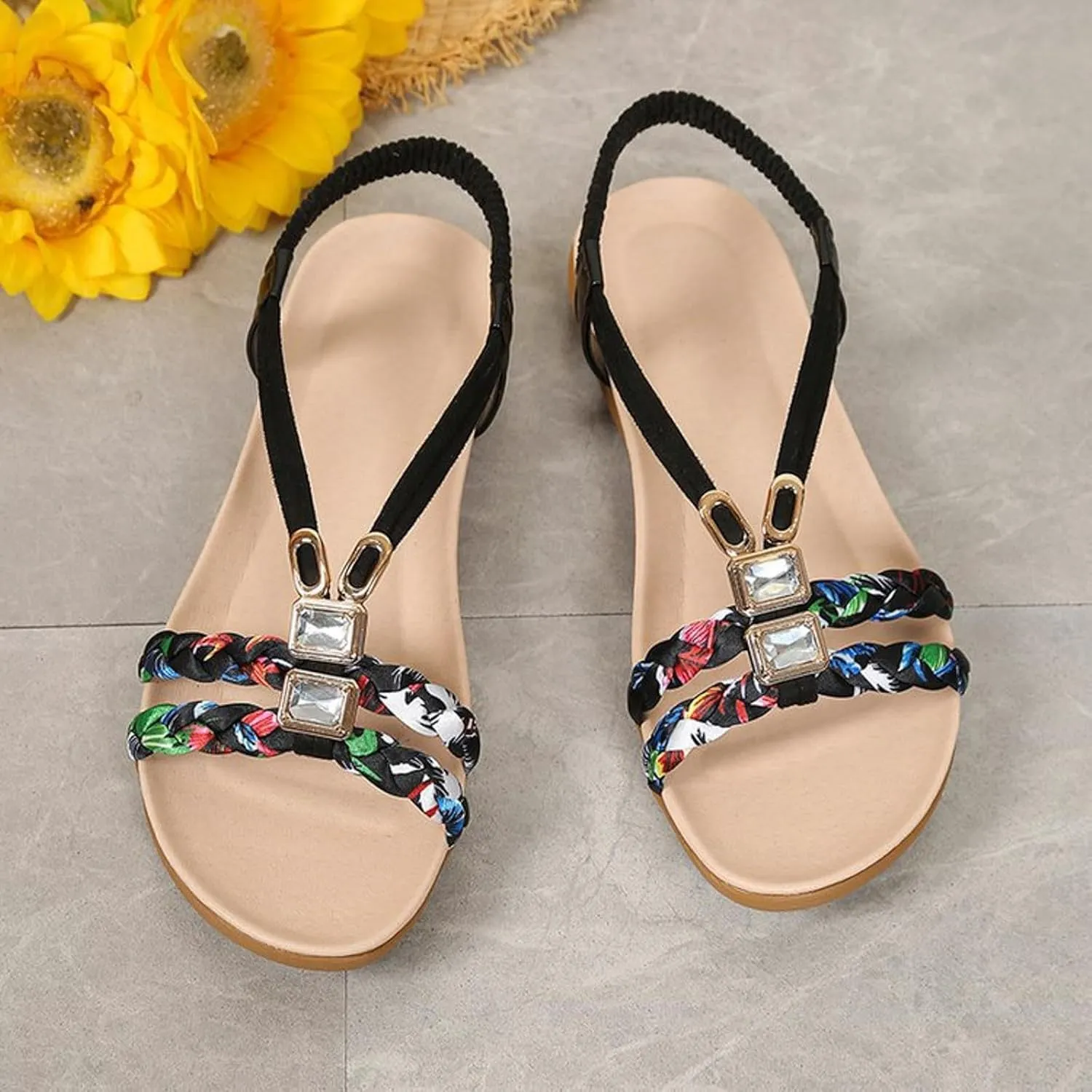 Bohemian Beach Sandals Orthopedic Wedge for Women Ankle Strap Flip Flops Jeweled Flat Summer Low Heels Sandal Platform Comfort Non Slip Woven Rhinestone Beaded Sparkly Bling Lace Flower Shoes
