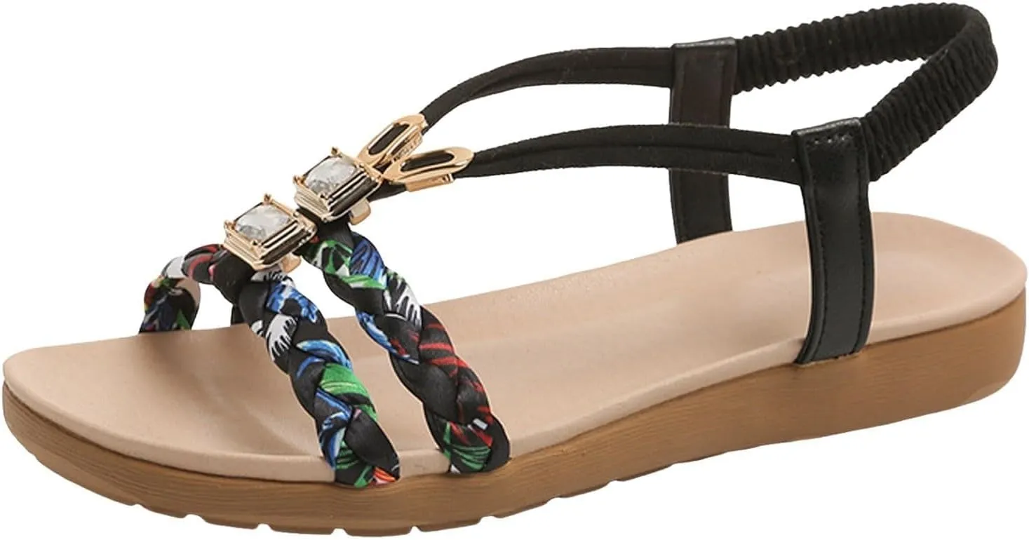 Bohemian Beach Sandals Orthopedic Wedge for Women Ankle Strap Flip Flops Jeweled Flat Summer Low Heels Sandal Platform Comfort Non Slip Woven Rhinestone Beaded Sparkly Bling Lace Flower Shoes