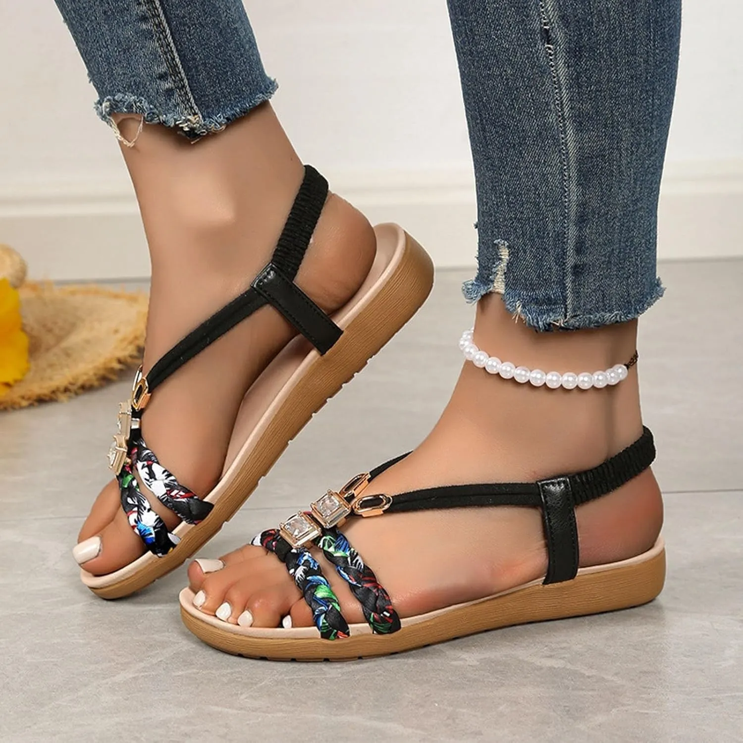 Bohemian Beach Sandals Orthopedic Wedge for Women Ankle Strap Flip Flops Jeweled Flat Summer Low Heels Sandal Platform Comfort Non Slip Woven Rhinestone Beaded Sparkly Bling Lace Flower Shoes
