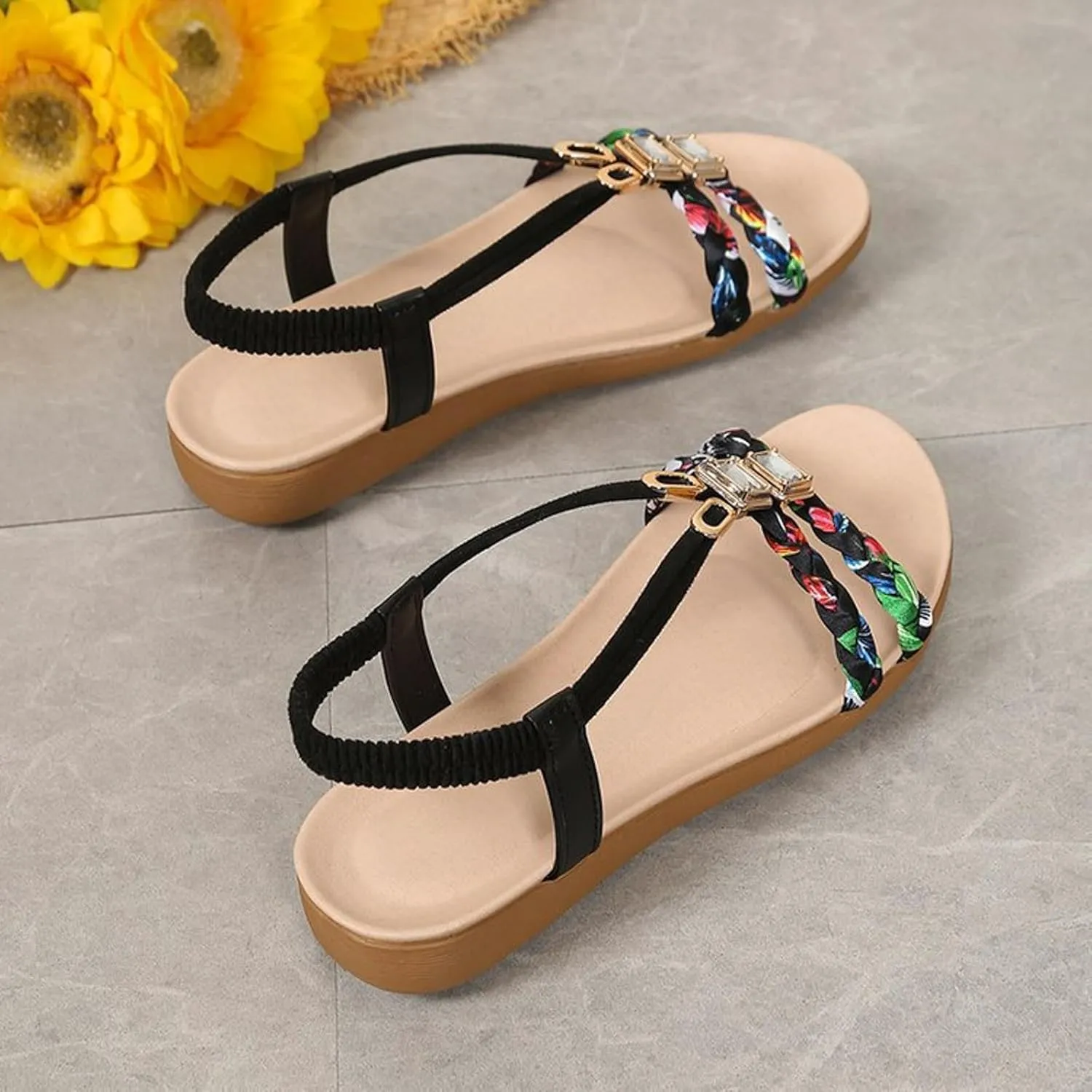 Bohemian Beach Sandals Orthopedic Wedge for Women Ankle Strap Flip Flops Jeweled Flat Summer Low Heels Sandal Platform Comfort Non Slip Woven Rhinestone Beaded Sparkly Bling Lace Flower Shoes