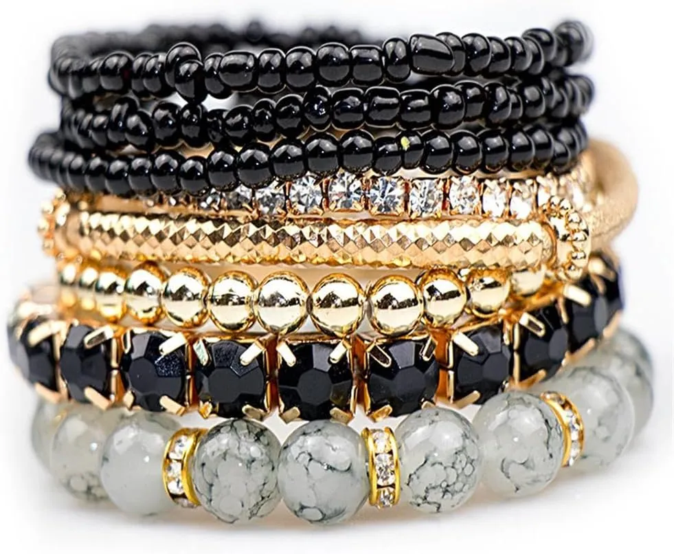 Bohemian Stackable Bead Bracelets MultiLayer Boho Crystal Bead Bracelet Set Handmade Colorful Beads Natural Stone Stretch Bangles Summer Beach Jewelry