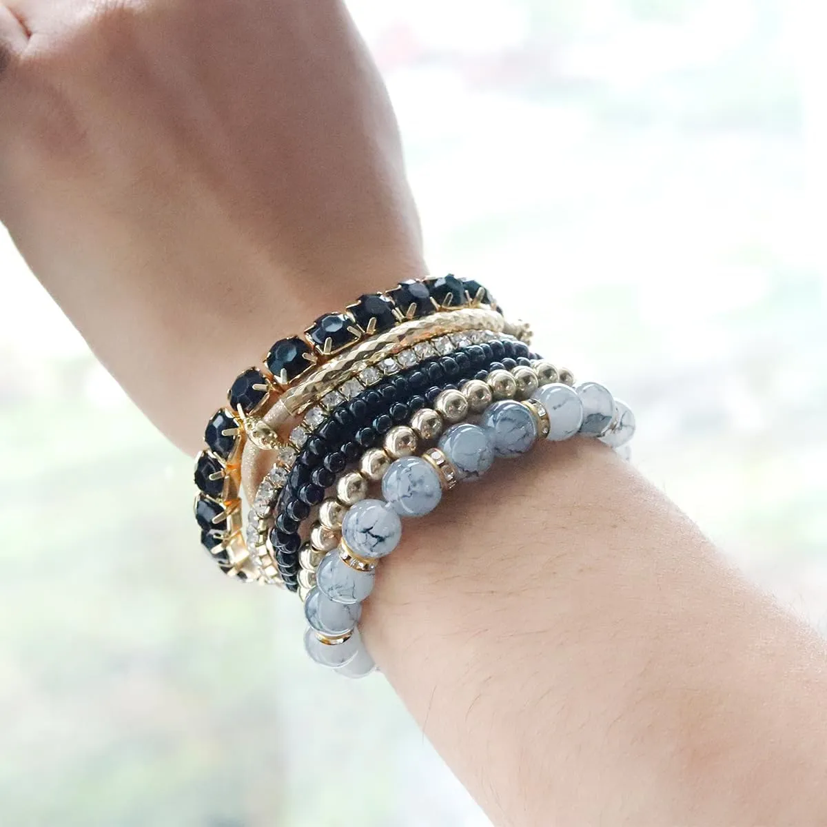 Bohemian Stackable Bead Bracelets MultiLayer Boho Crystal Bead Bracelet Set Handmade Colorful Beads Natural Stone Stretch Bangles Summer Beach Jewelry