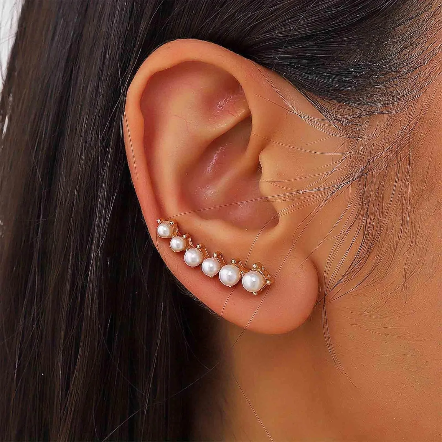 Boho Pearl Ear Climber Earrings White Pearl Crawler Earrings Gold Pearl Cuff Climber Earrings Vine Wrap Studs Earrings Cluster Pearl Earrigns Wedding Earrings Jewelry for Women