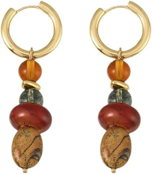 Brass with18K Gold Plated Drop Earrings Natural Red Agate Painted Stone Beads Earrings Minimalist Personalised Retro Exclusive Hoop Earrings for Women