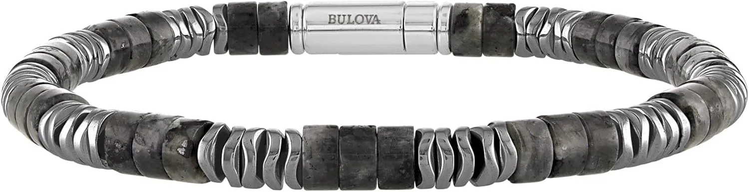 Bulova Jewelry Men's Classic Cylinder Shaped Labradorite and Wavy Stacked Hematite Beaded Bracelet, Length 8.5" Style:BVB1026-WSBF
