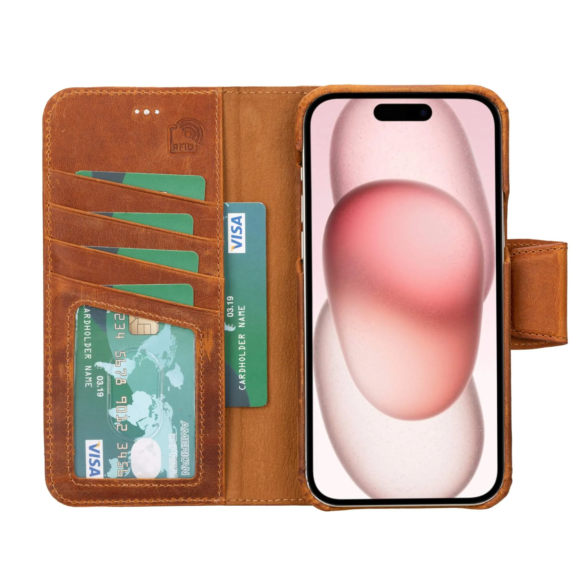 Burkley iPhone 15 Plus Wallet Case, Golden Brown