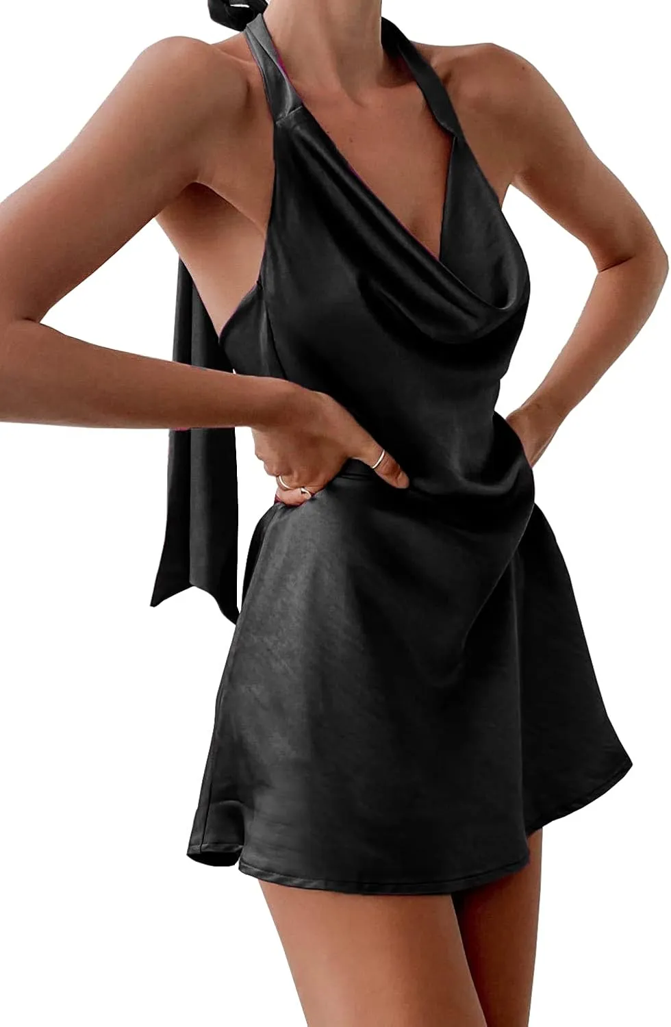 Cantonwalker Women's Cowl Neck Halterneck Slip On Backless Satin Mini Dress Sexy Silky Party Club Bodycon Dresses 0213