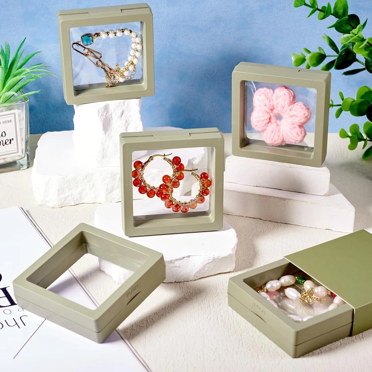 Cheriswelry 6pcs Floating Display Boxes Frame Display Holder Stand Square Ring Necklace Bracelet Earring Boxes 2.73" Jewelry Display Box Coin Display Stands Dark Khaki for Jewelry Brooch