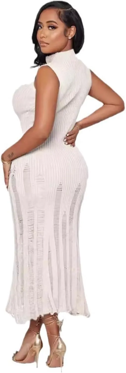 Crochet Knitted Beach Skirt Sleeveless Knitted Suspended Tassel Open Back Dress
