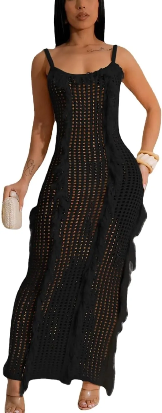 Crochet Knitted Beach Skirt Sleeveless Knitted Suspended Tassel Open Back Dress