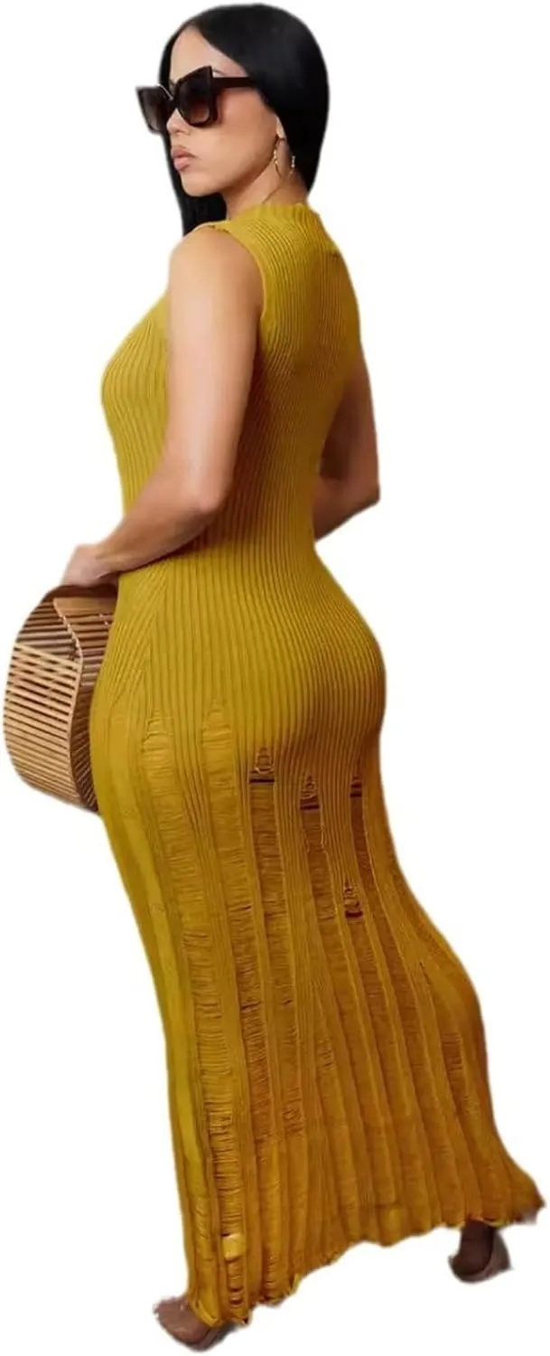 Crochet Knitted Beach Skirt Sleeveless Knitted Suspended Tassel Open Back Dress