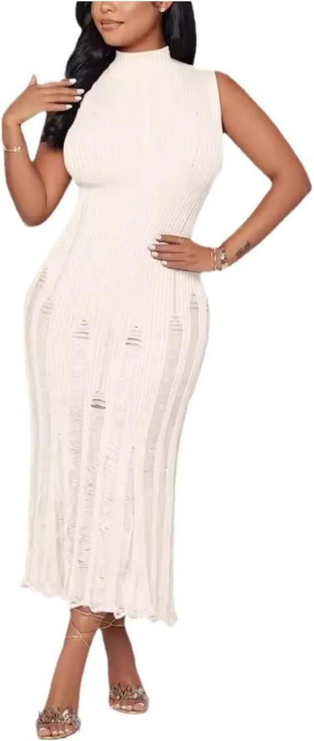 Crochet Knitted Beach Skirt Sleeveless Knitted Suspended Tassel Open Back Dress