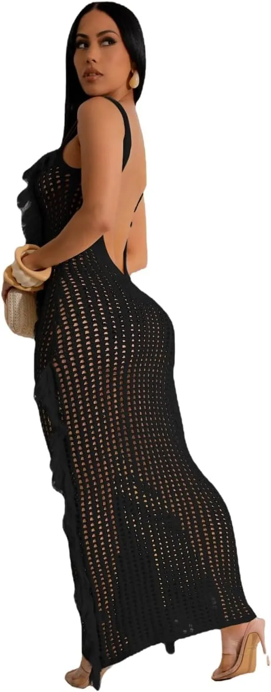 Crochet Knitted Beach Skirt Sleeveless Knitted Suspended Tassel Open Back Dress