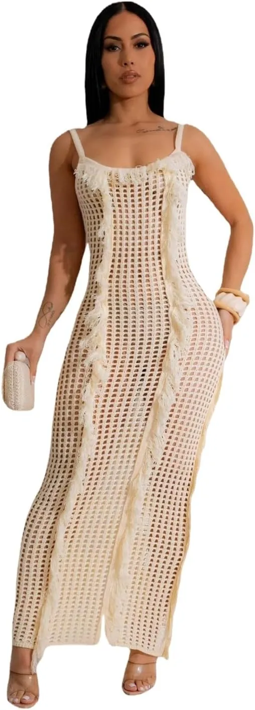 Crochet Knitted Beach Skirt Sleeveless Knitted Suspended Tassel Open Back Dress