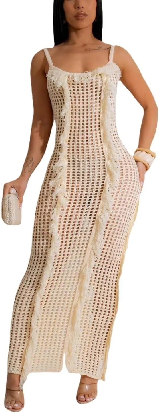 Crochet Knitted Beach Skirt Sleeveless Knitted Suspended Tassel Open Back Dress