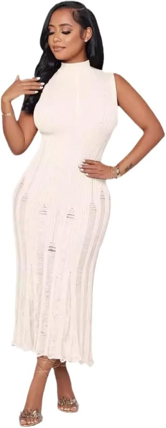 Crochet Knitted Beach Skirt Sleeveless Knitted Suspended Tassel Open Back Dress