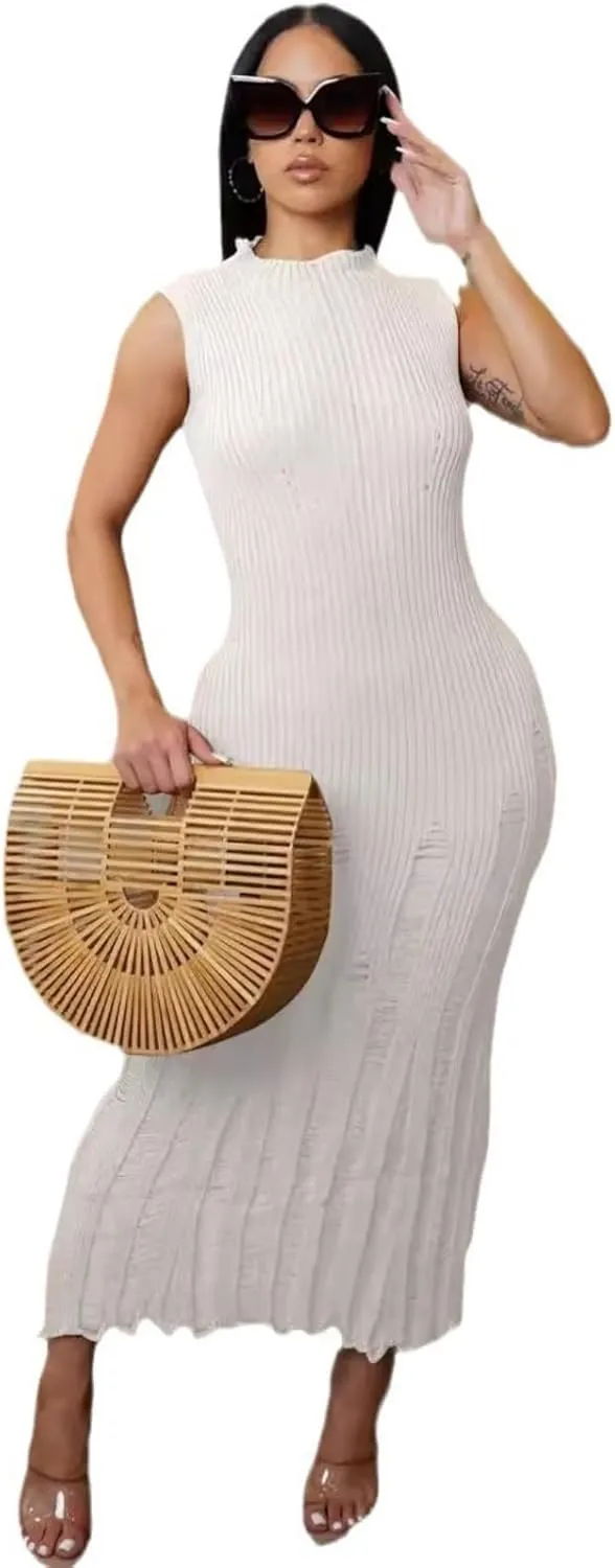 Crochet Knitted Beach Skirt Sleeveless Knitted Suspended Tassel Open Back Dress