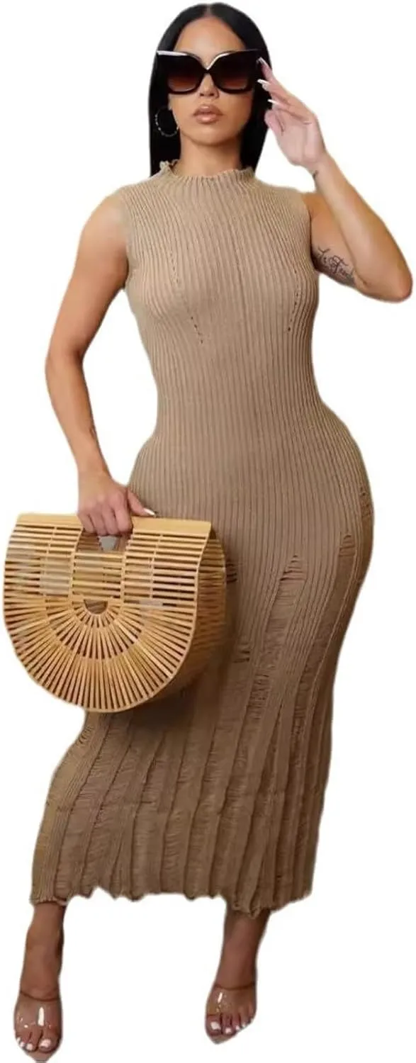 Crochet Knitted Beach Skirt Sleeveless Knitted Suspended Tassel Open Back Dress