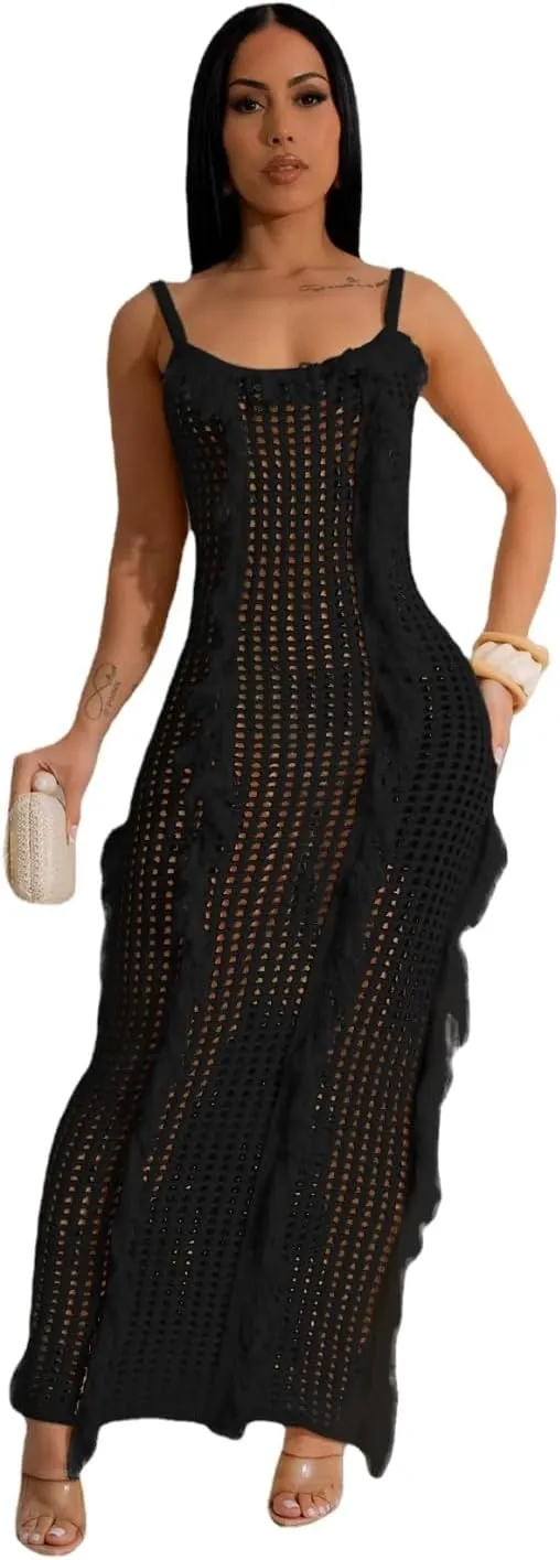 Crochet Knitted Beach Skirt Sleeveless Knitted Suspended Tassel Open Back Dress