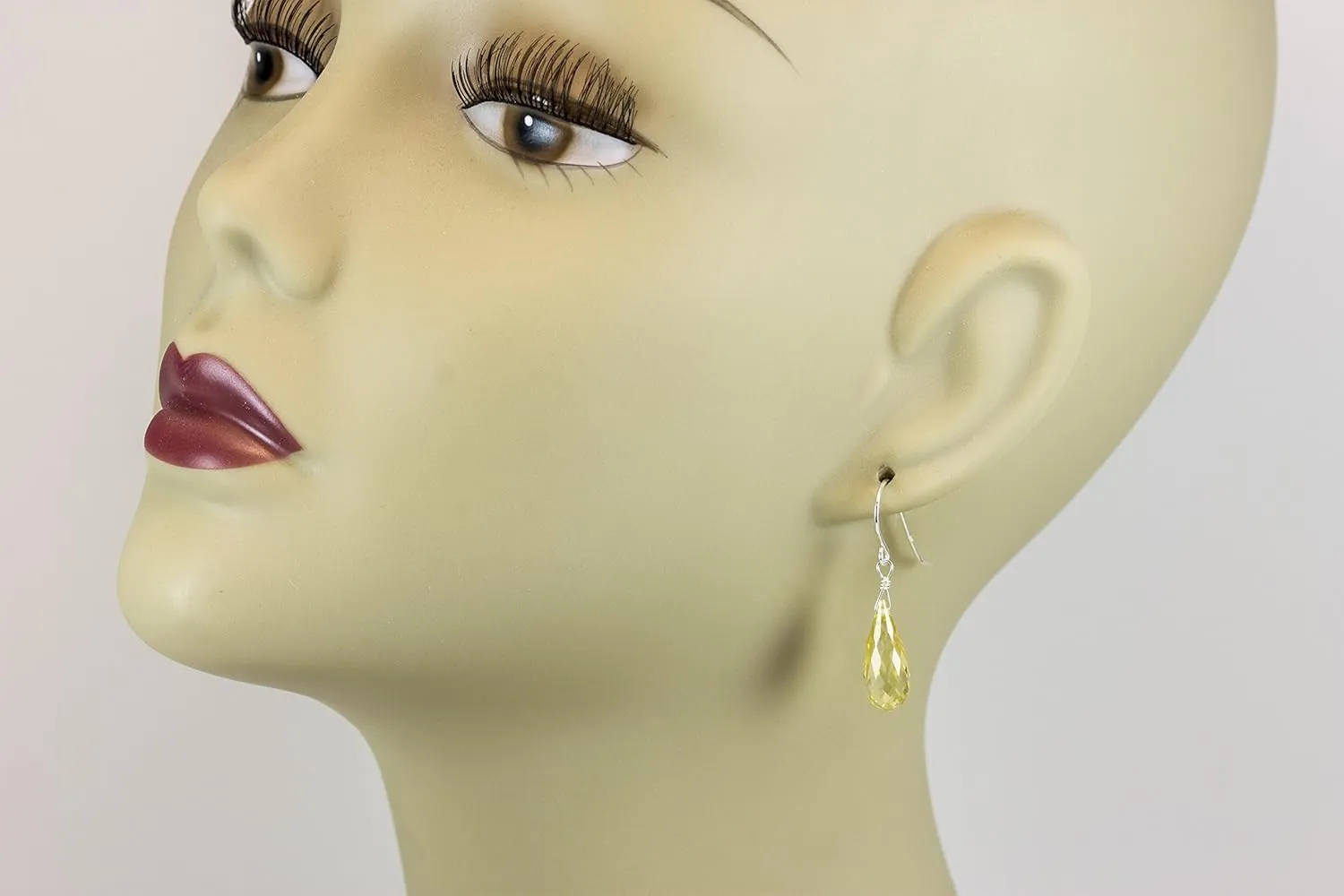 Cubic Zirconia Earrings Pale Yellow Simulated Diamond Teardrops Faceted Simple Briolette CZ Drops 1.4"
